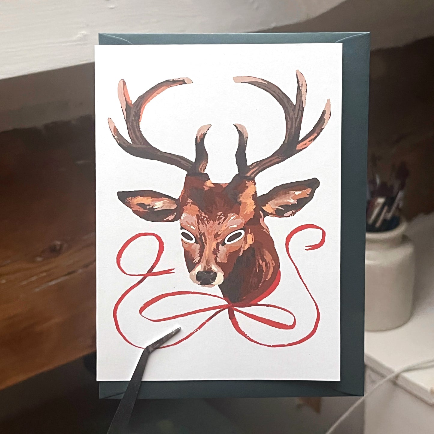 Reindeer Christmas Card | Eco Handmade A6 Greeting Card Dark Green Envelope | Deer / Stag Digital Illustration