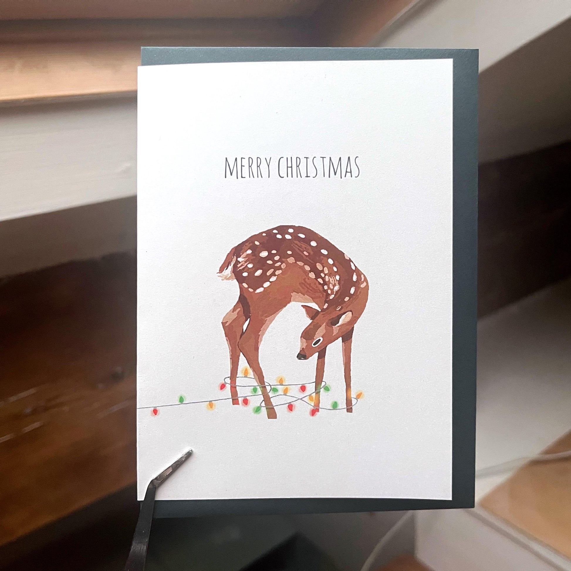 Reindeer Christmas Card | Eco Handmade A6 Greeting Card Dark Green Envelope | Deer / Stag Digital Illustration